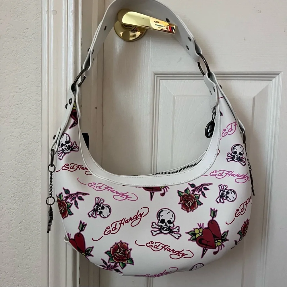 ED HARDY Studded White Vegan Leather Tattoo Crescent Bag NEW NWT